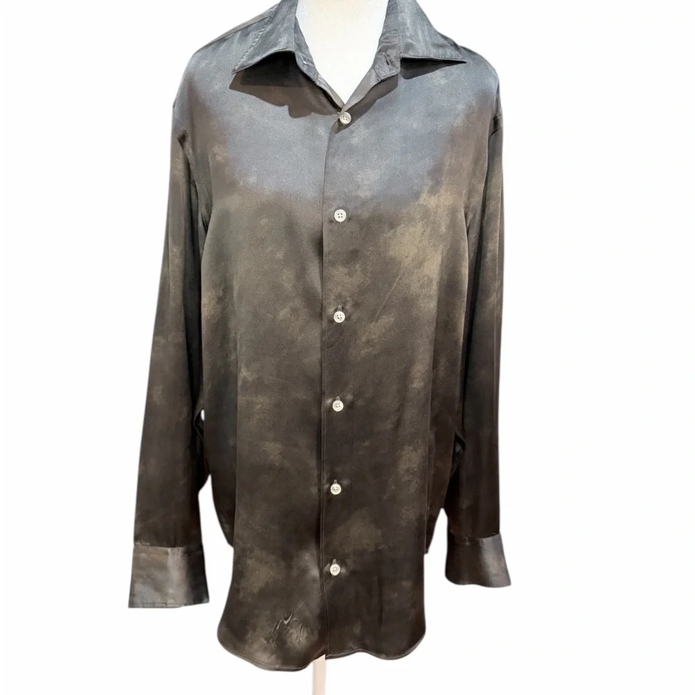 Armani Collezioni Green and Black Marbled 100% Silk Button Down Shirt - Picture 3 of 12